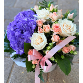 Aranjament hortensia mov  si trandafiri AHR29